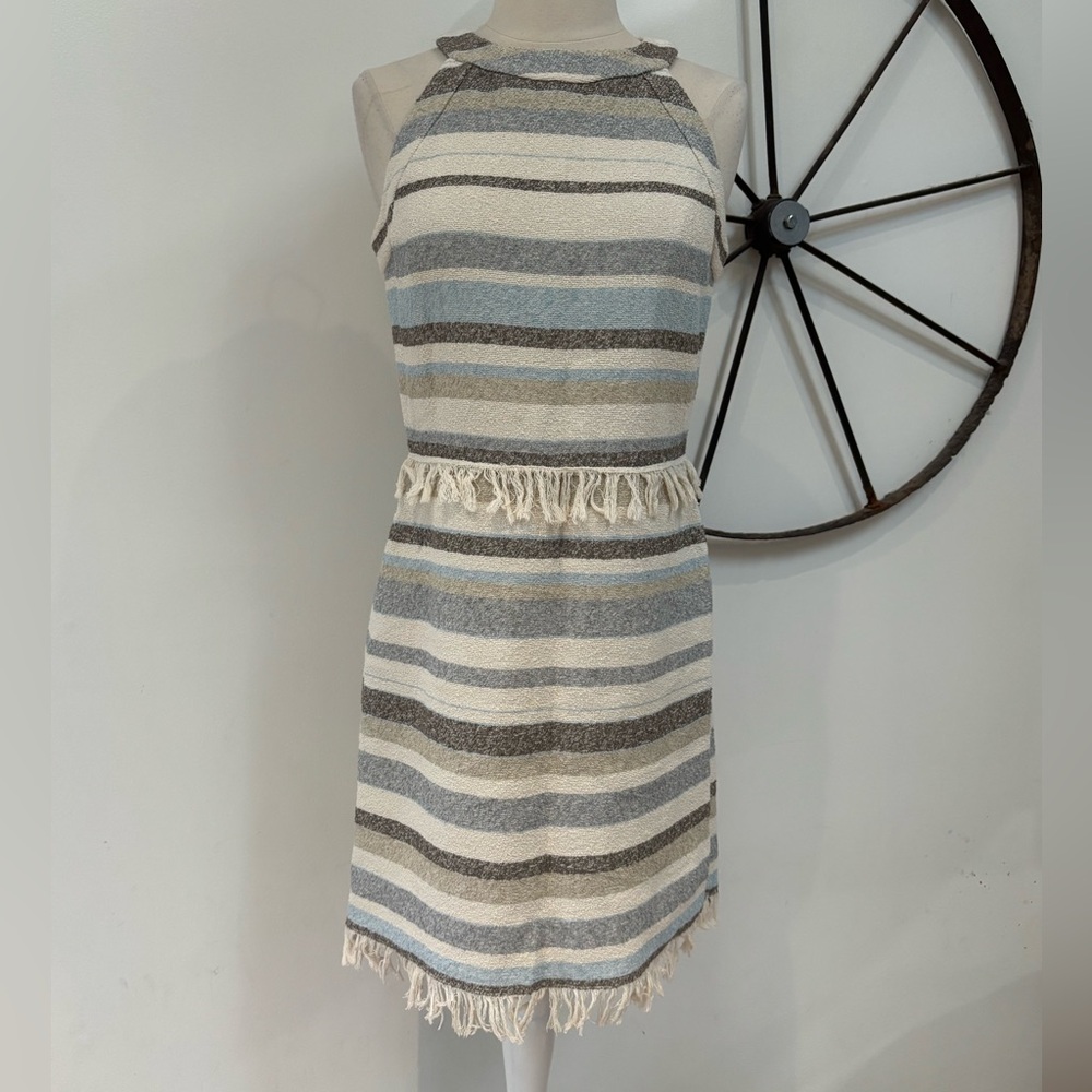 Tory Burch Jane stripe light blue woven sleeveless fringe sheath dress 6 $325 - Picture 2 of 11